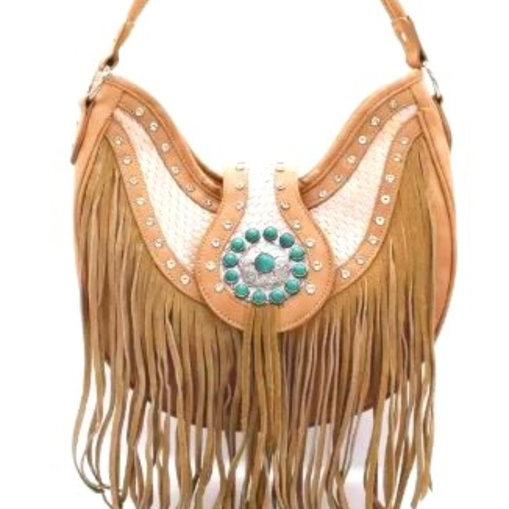 P1522-NEW Western World Fringe Conchos VL Rhinestone Turquoise Hobo